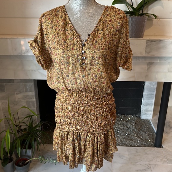 Mes Demoiselles Ambroisie Gold Lurex Floral Print Ruffled Hem Minidress Size 4 - Picture 6 of 14